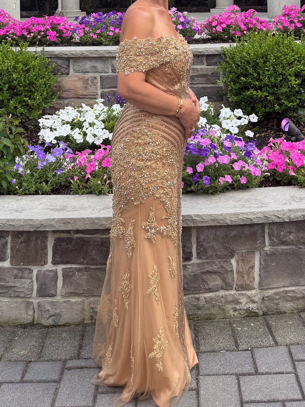 Elegant Off-Shoulder Gold Embellished Evening Gown - Picture 3 of 3